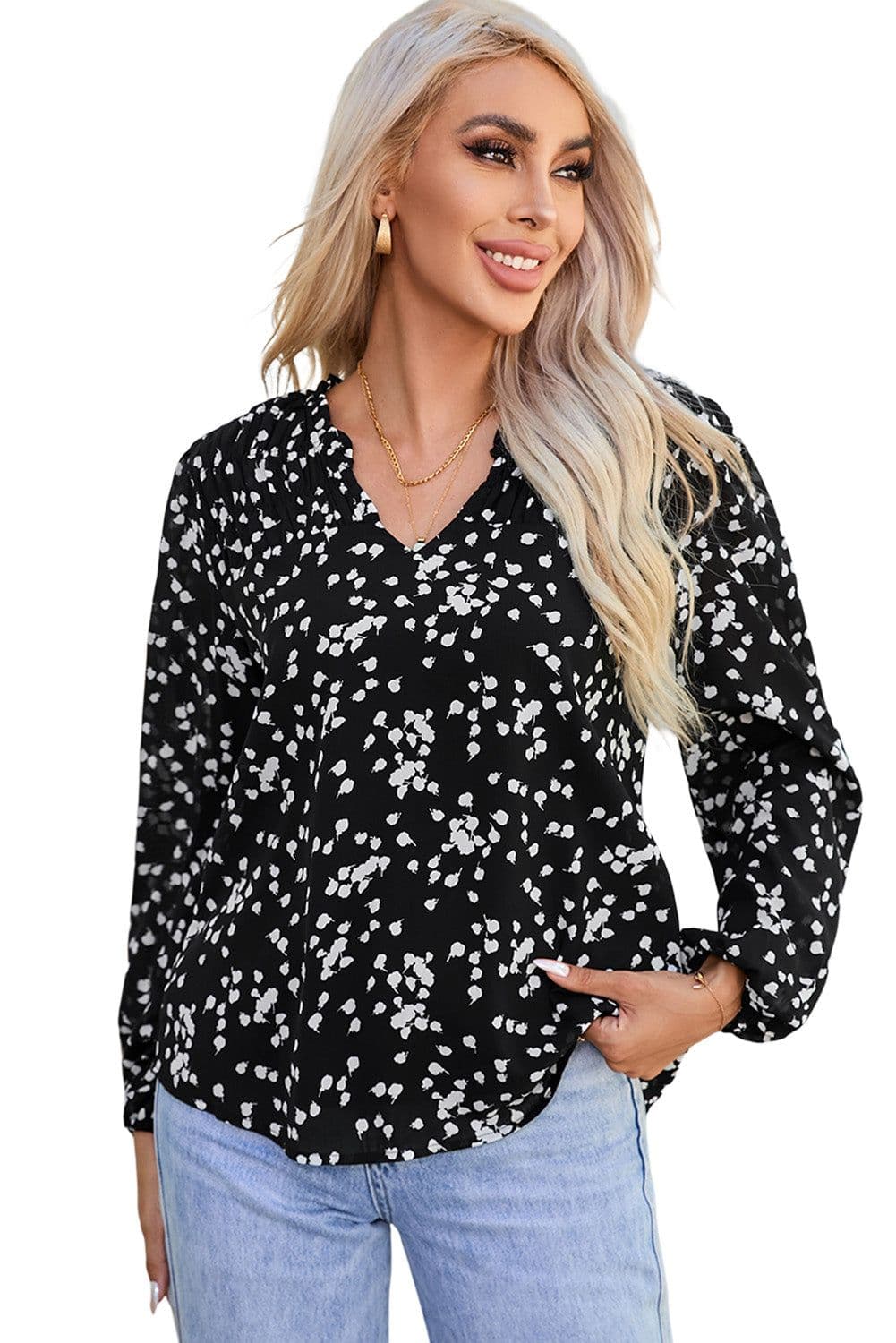 image-Pink Split Neck Fall Printed Crinkled Blouse