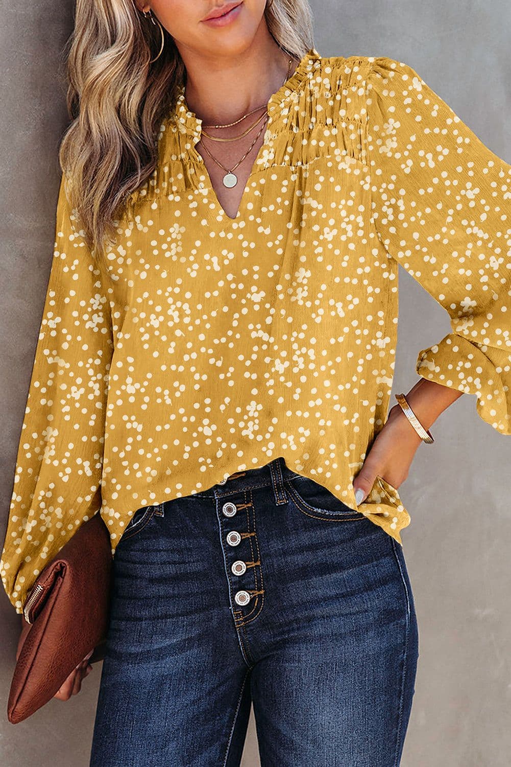 image-Pink Split Neck Fall Printed Crinkled Blouse
