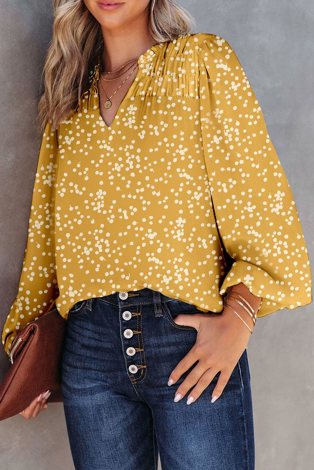image-Pink Split Neck Fall Printed Crinkled Blouse