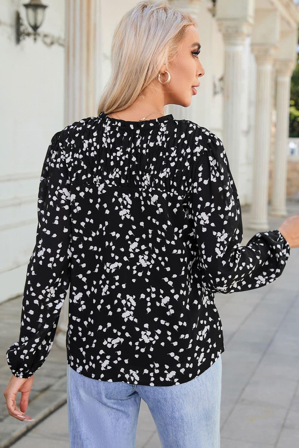 image-Pink Split Neck Fall Printed Crinkled Blouse