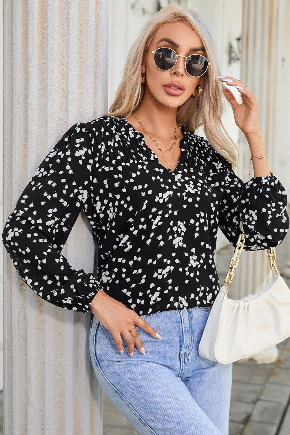 image-Pink Split Neck Fall Printed Crinkled Blouse