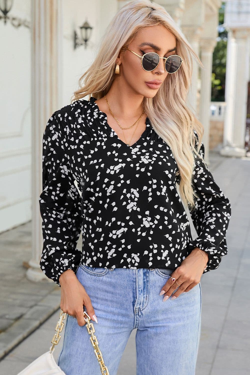 image-Pink Split Neck Fall Printed Crinkled Blouse