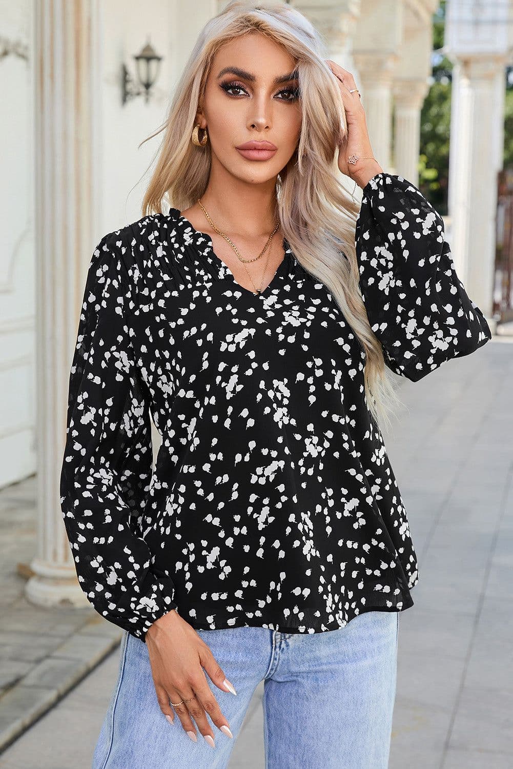 image-Pink Split Neck Fall Printed Crinkled Blouse