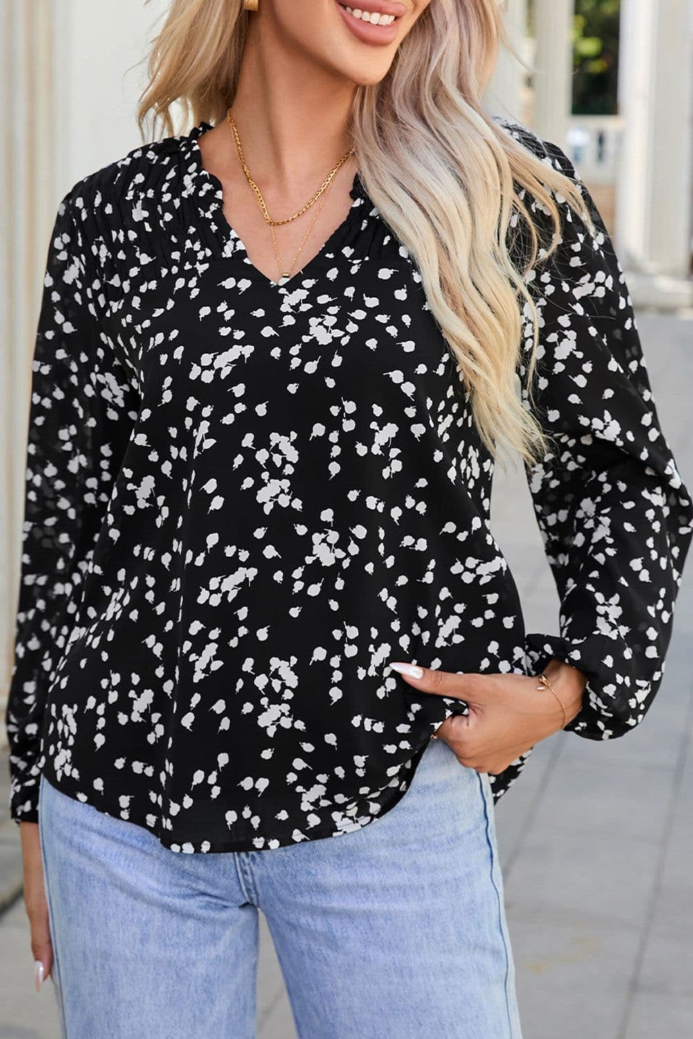 image-Pink Split Neck Fall Printed Crinkled Blouse