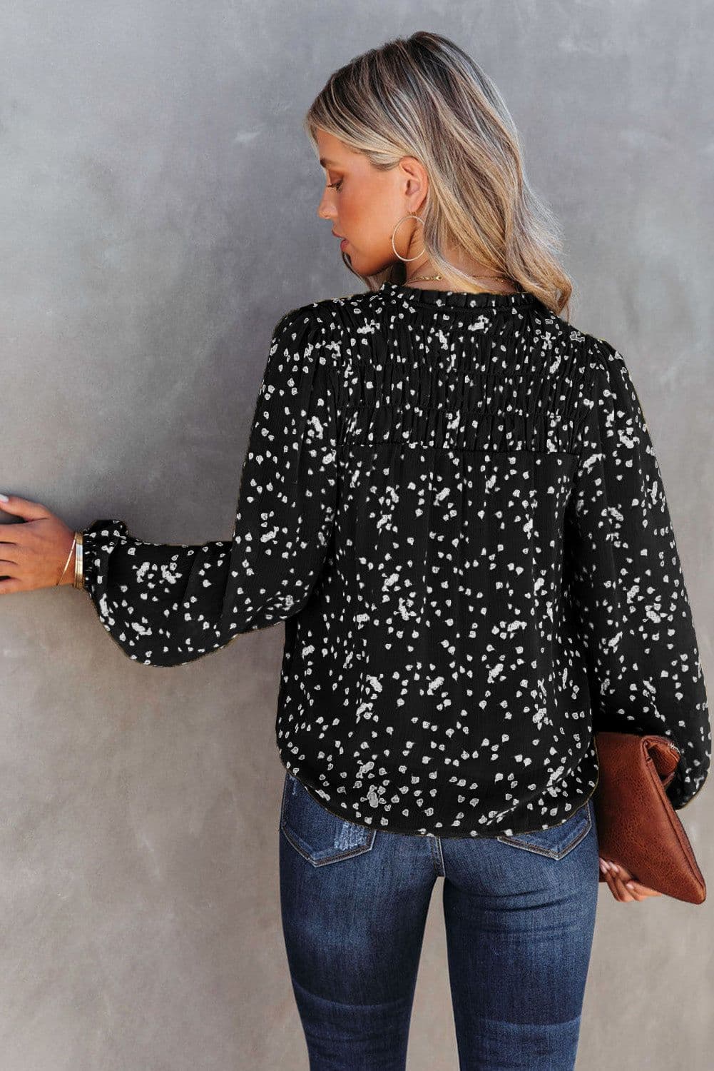 image-Pink Split Neck Fall Printed Crinkled Blouse