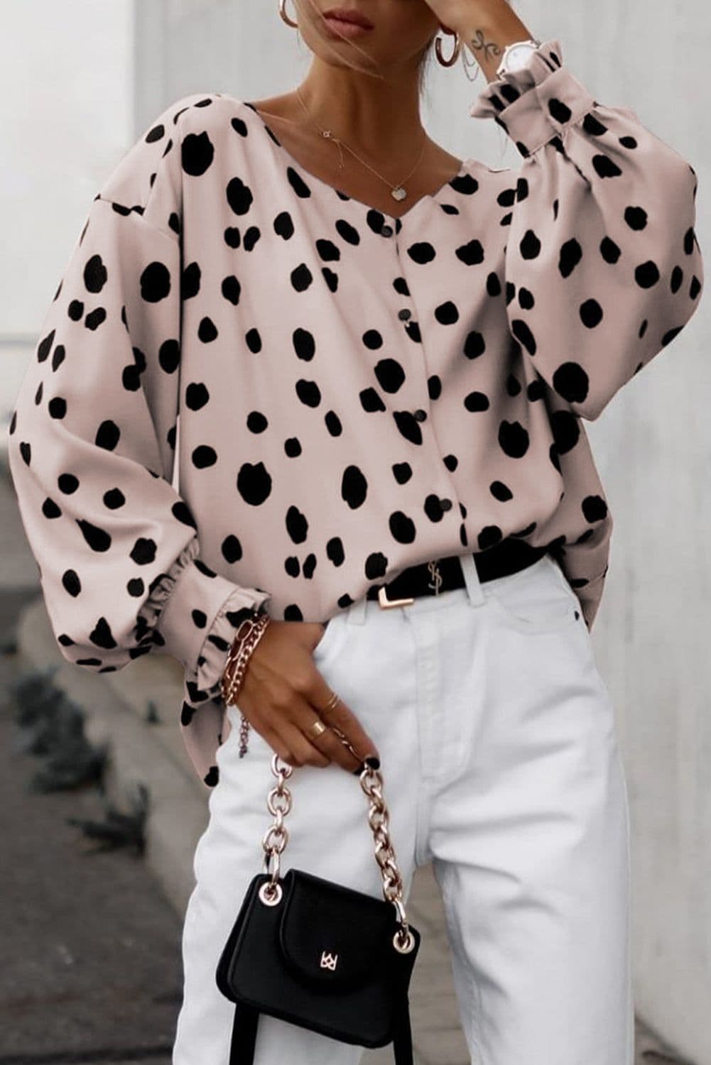 image-Pink Button Frill Cuffs Oversize Puff Sleeve Blouse