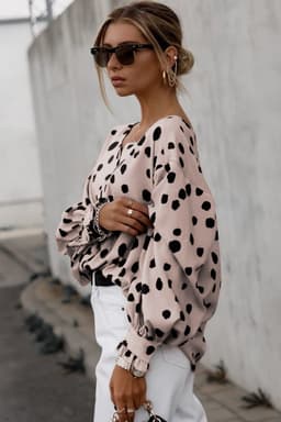 image-Pink Button Frill Cuffs Oversize Puff Sleeve Blouse