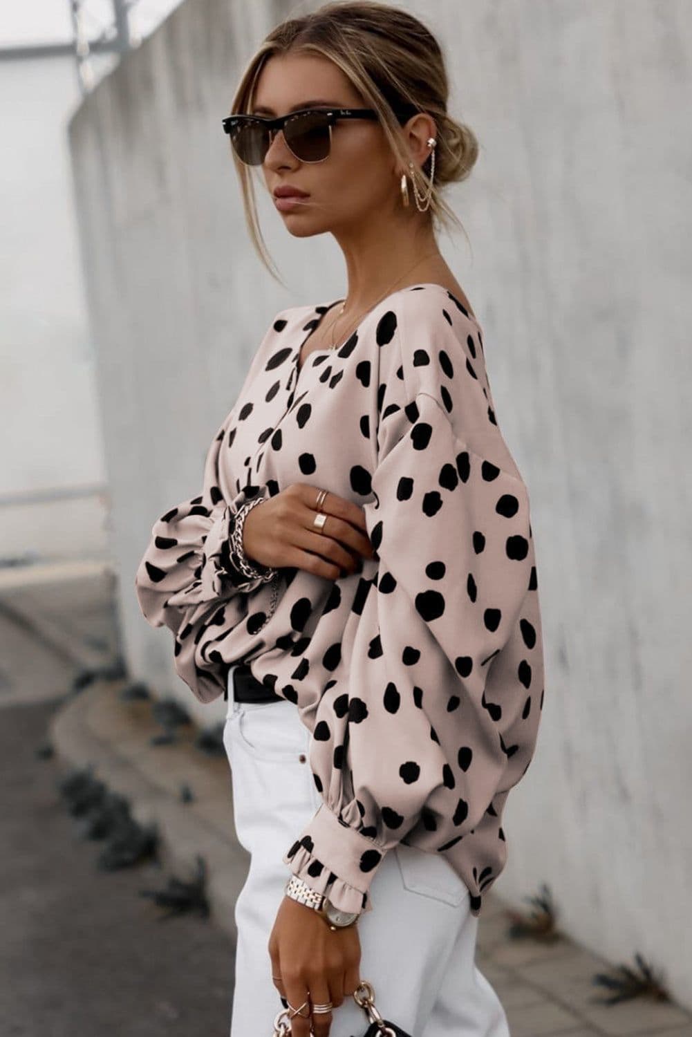image-Pink Button Frill Cuffs Oversize Puff Sleeve Blouse