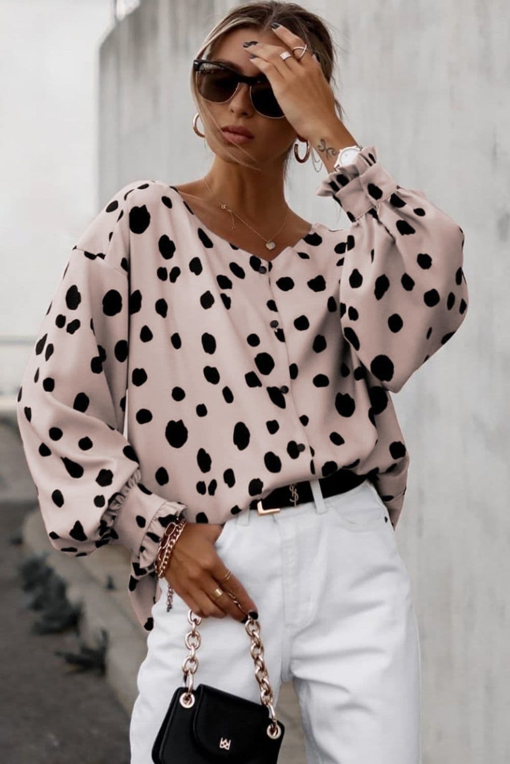 image-Pink Button Frill Cuffs Oversize Puff Sleeve Blouse