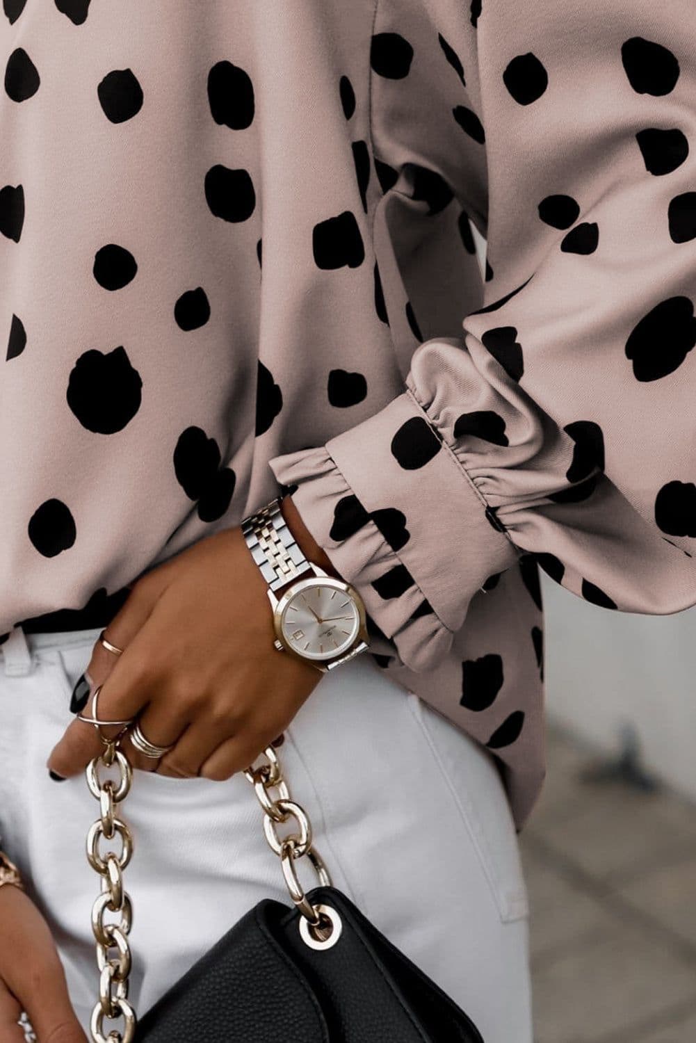 image-Pink Button Frill Cuffs Oversize Puff Sleeve Blouse
