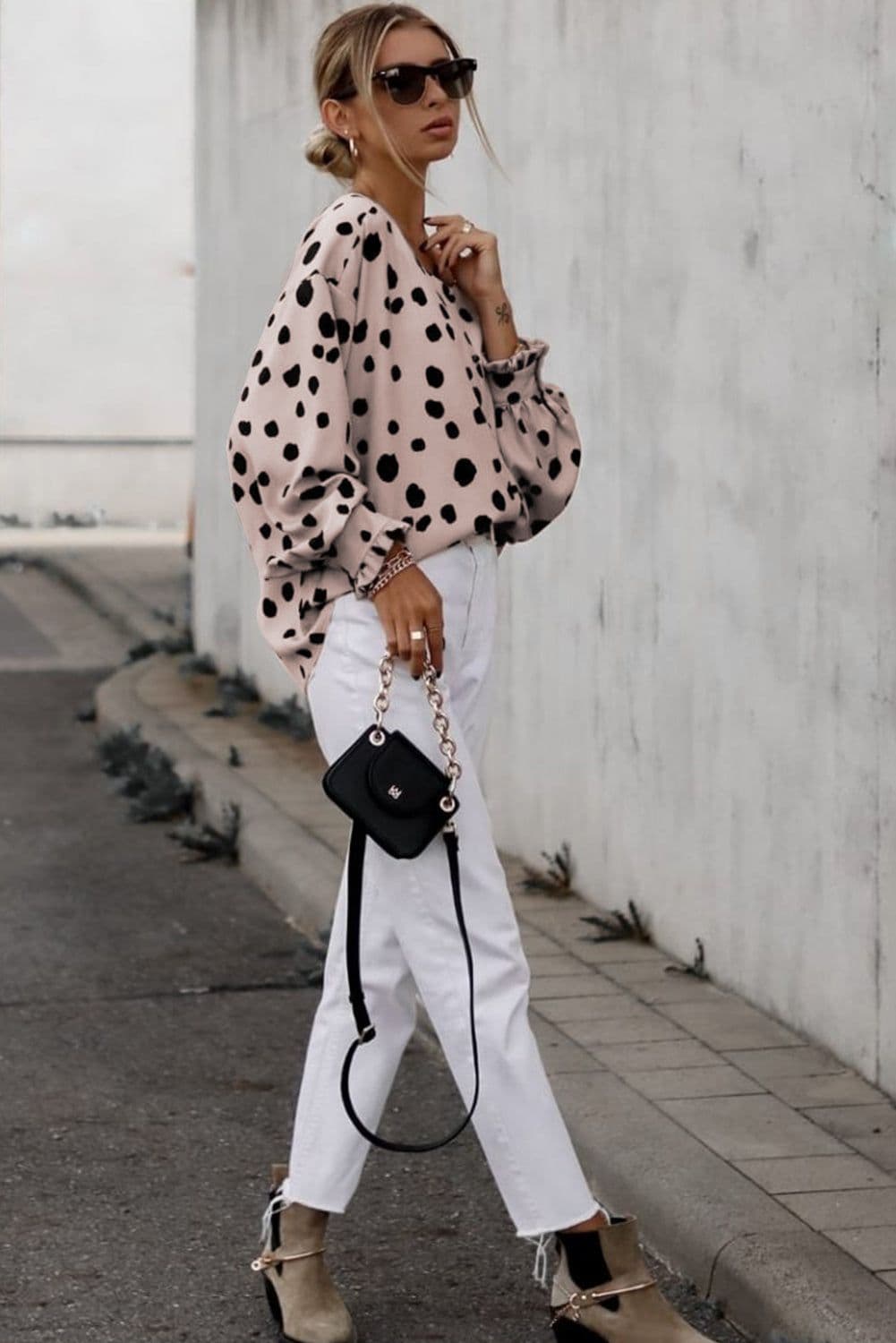 image-Pink Button Frill Cuffs Oversize Puff Sleeve Blouse