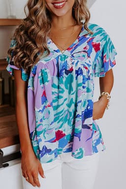 image-Sky Blue Abstract Print V Neck Flutter Sleeve Blouse