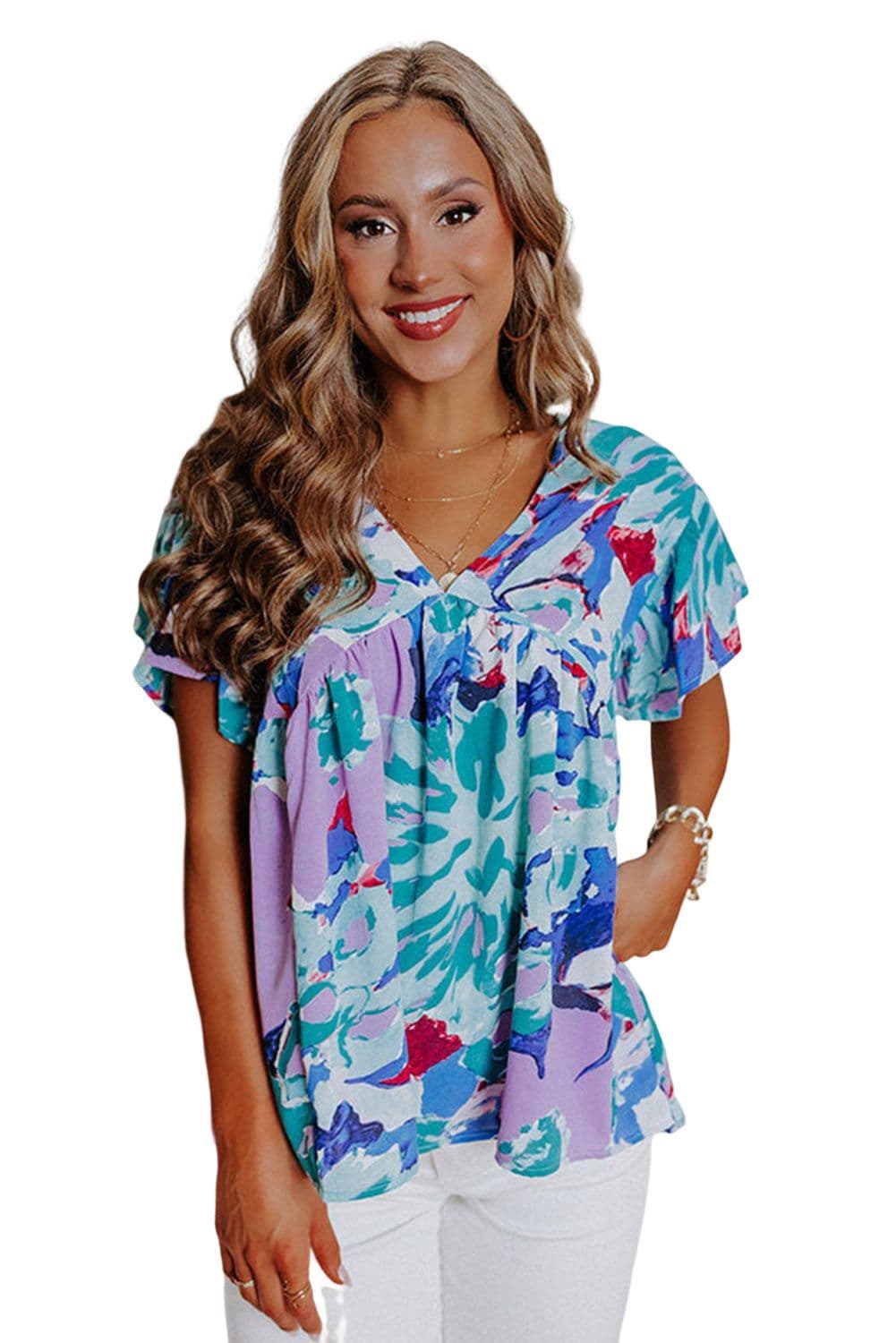 image-Sky Blue Abstract Print V Neck Flutter Sleeve Blouse