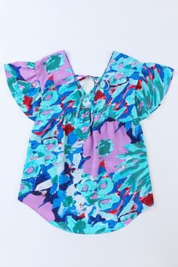 image-Sky Blue Abstract Print V Neck Flutter Sleeve Blouse