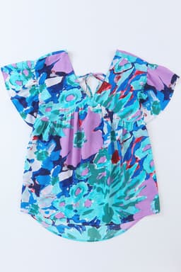 image-Sky Blue Abstract Print V Neck Flutter Sleeve Blouse