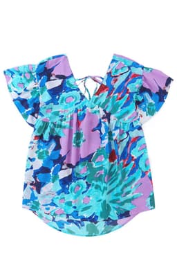 image-Sky Blue Abstract Print V Neck Flutter Sleeve Blouse