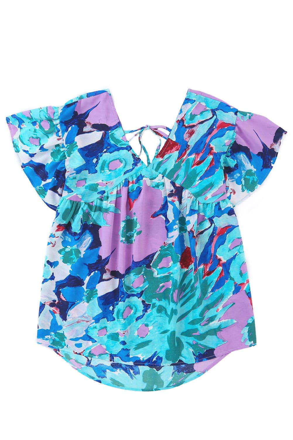image-Sky Blue Abstract Print V Neck Flutter Sleeve Blouse