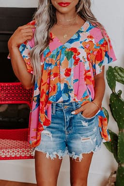 image-Sky Blue Abstract Print V Neck Flutter Sleeve Blouse