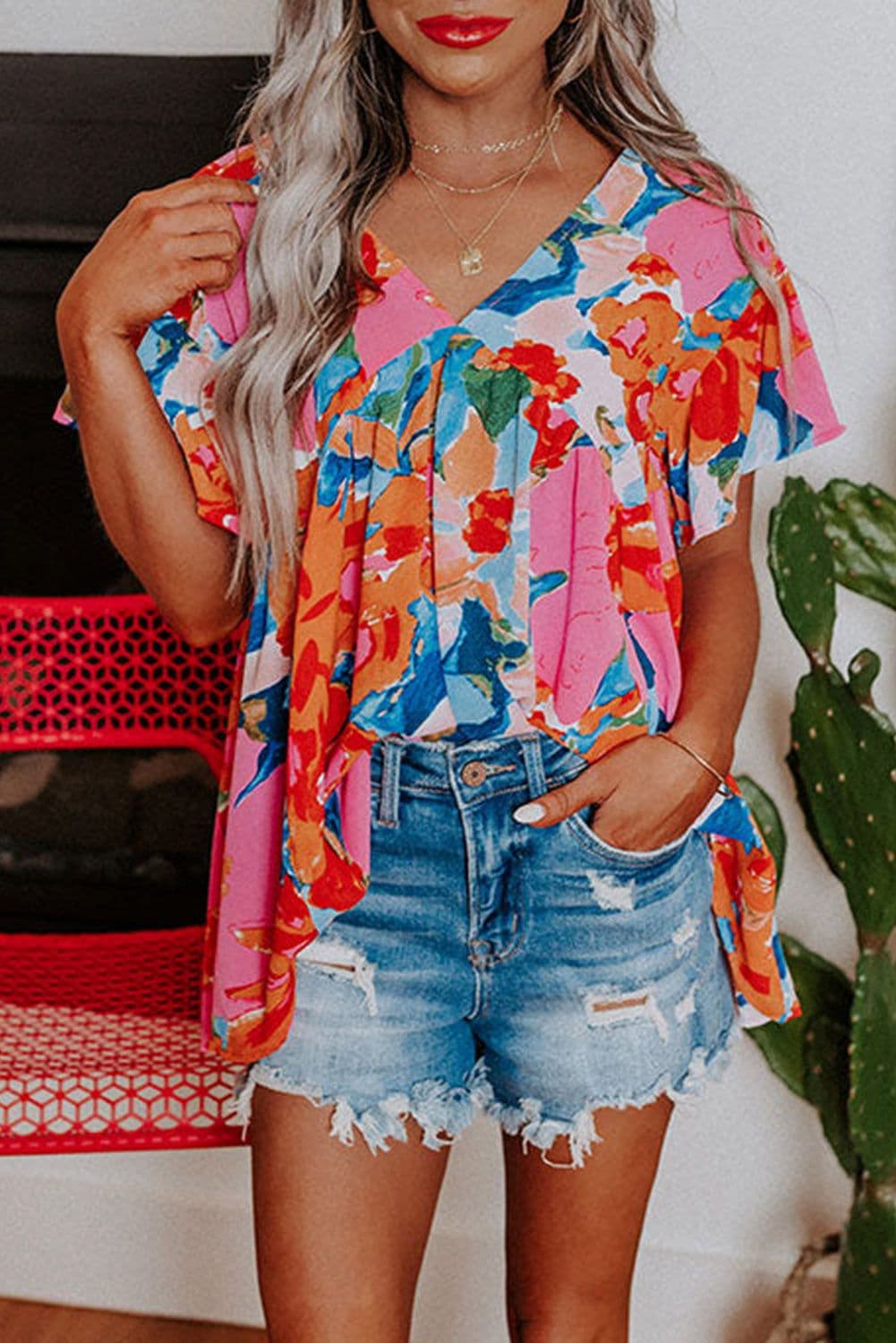 image-Sky Blue Abstract Print V Neck Flutter Sleeve Blouse