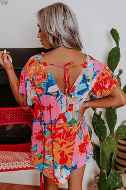 image-Sky Blue Abstract Print V Neck Flutter Sleeve Blouse