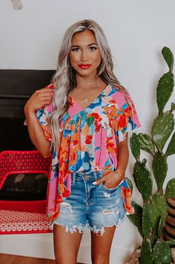 image-Sky Blue Abstract Print V Neck Flutter Sleeve Blouse