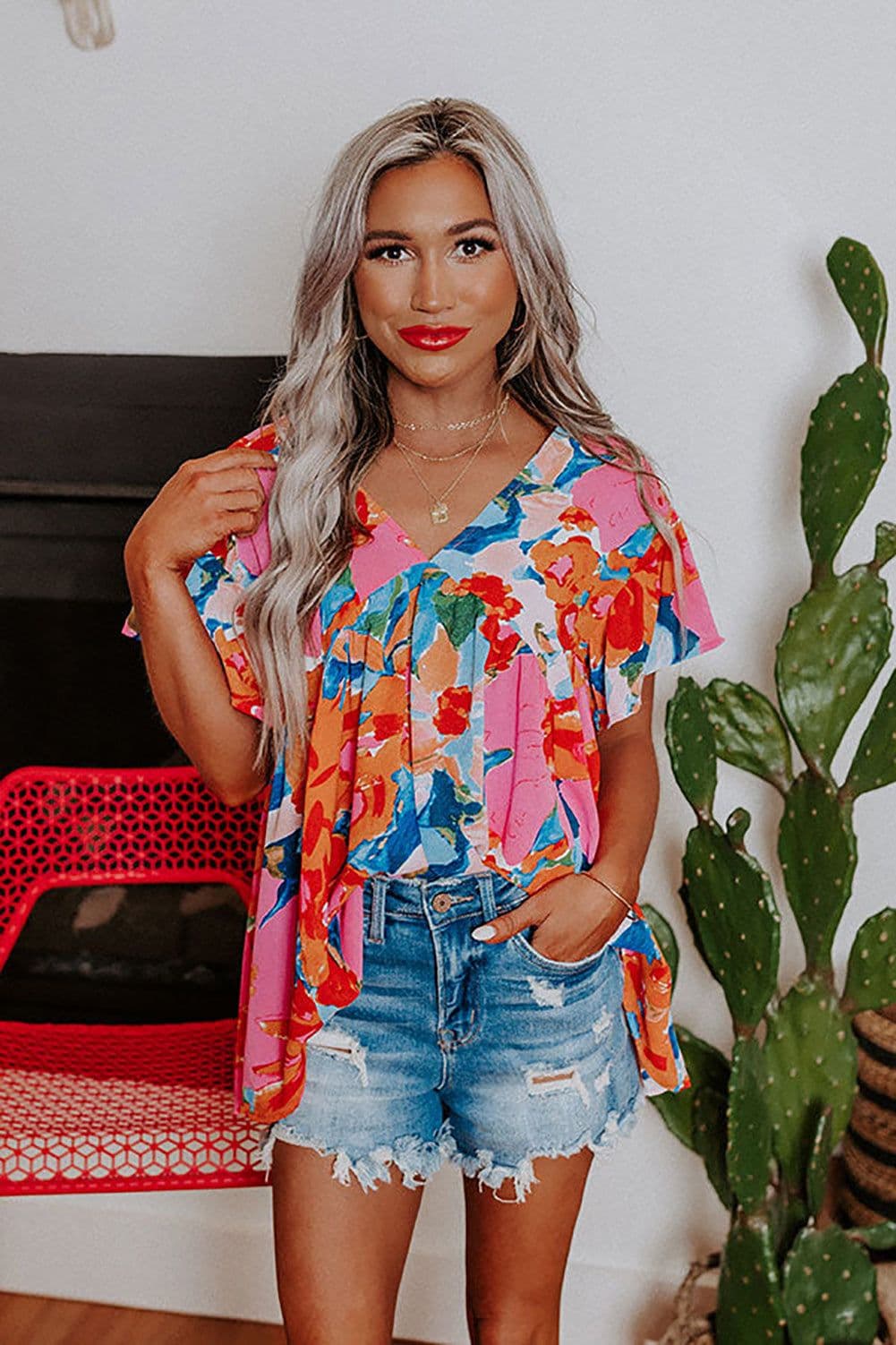 image-Sky Blue Abstract Print V Neck Flutter Sleeve Blouse
