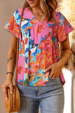 image-Sky Blue Abstract Print V Neck Flutter Sleeve Blouse