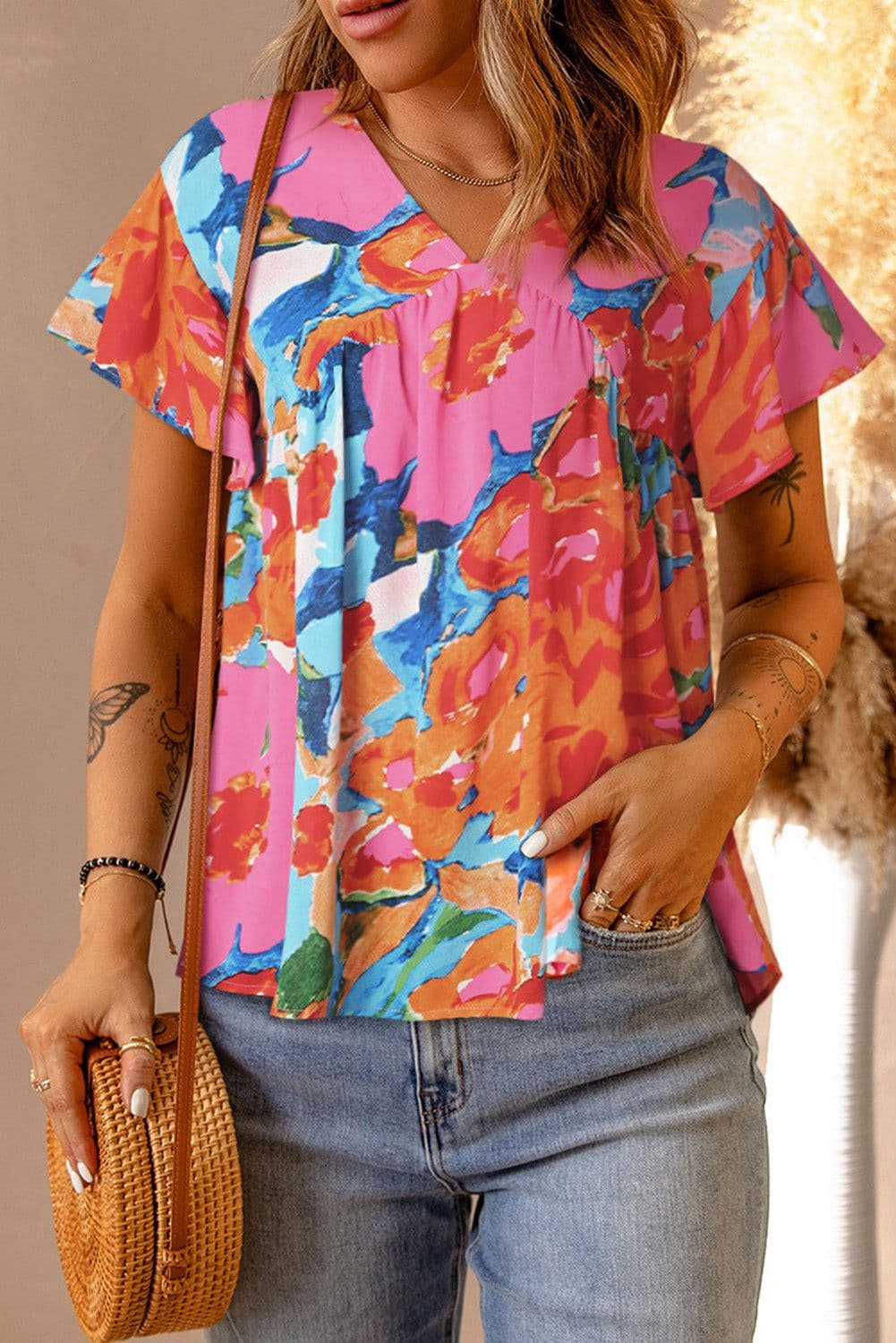 image-Sky Blue Abstract Print V Neck Flutter Sleeve Blouse