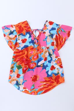 image-Sky Blue Abstract Print V Neck Flutter Sleeve Blouse