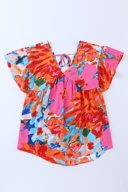 image-Sky Blue Abstract Print V Neck Flutter Sleeve Blouse