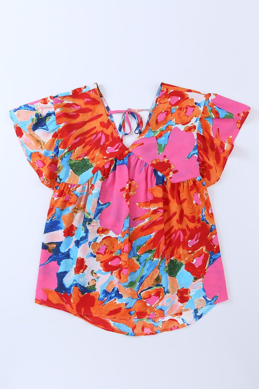 image-Sky Blue Abstract Print V Neck Flutter Sleeve Blouse