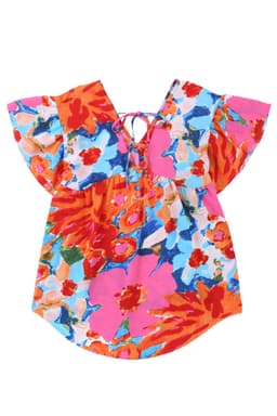 image-Sky Blue Abstract Print V Neck Flutter Sleeve Blouse