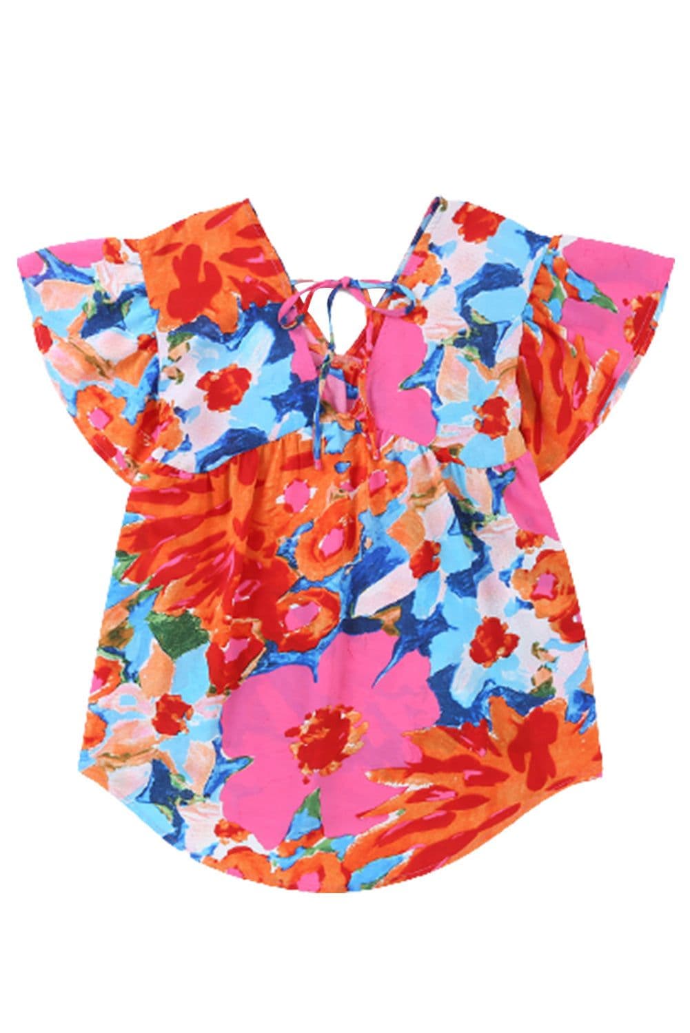 image-Sky Blue Abstract Print V Neck Flutter Sleeve Blouse