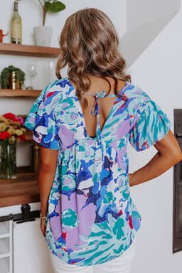 image-Sky Blue Abstract Print V Neck Flutter Sleeve Blouse