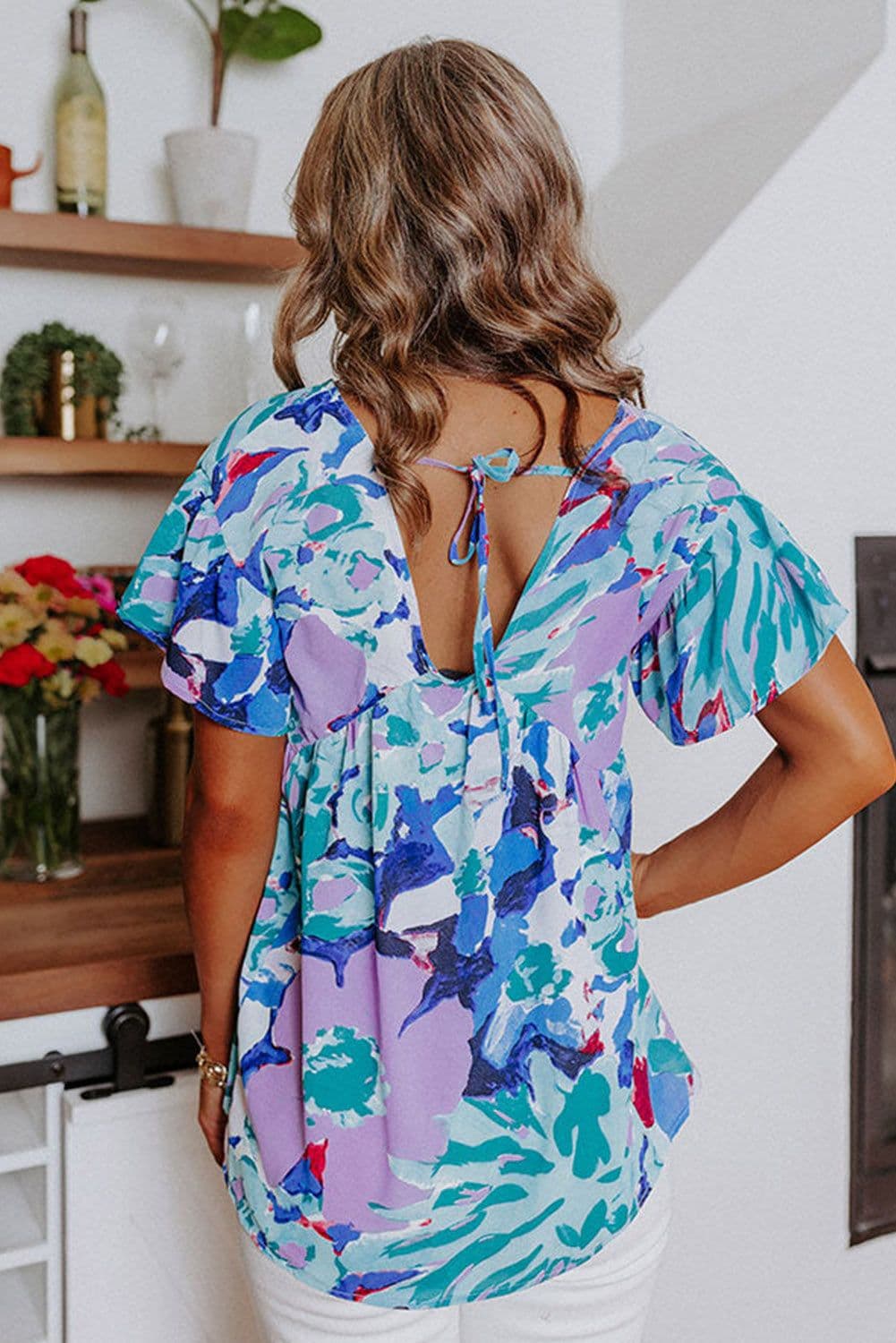 image-Sky Blue Abstract Print V Neck Flutter Sleeve Blouse