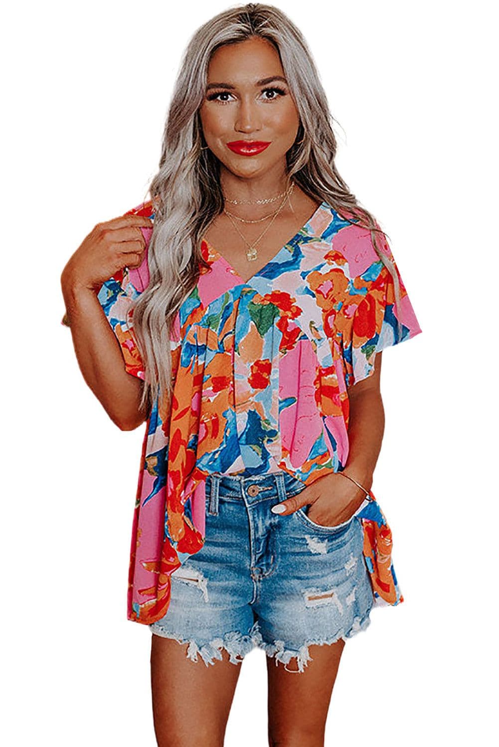 image-Sky Blue Abstract Print V Neck Flutter Sleeve Blouse