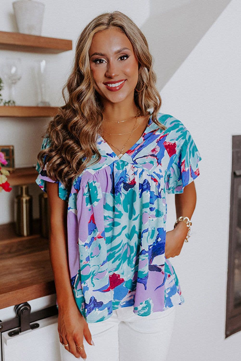 image-Sky Blue Abstract Print V Neck Flutter Sleeve Blouse