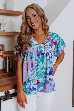 image-Sky Blue Abstract Print V Neck Flutter Sleeve Blouse
