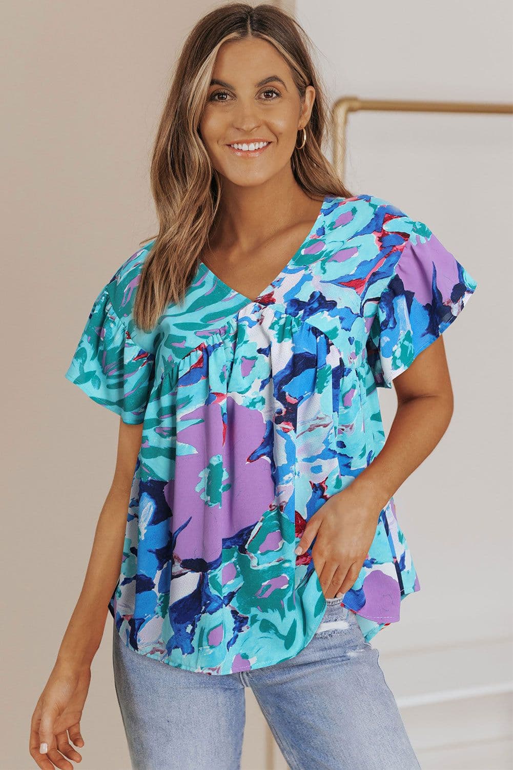 image-Sky Blue Abstract Print V Neck Flutter Sleeve Blouse