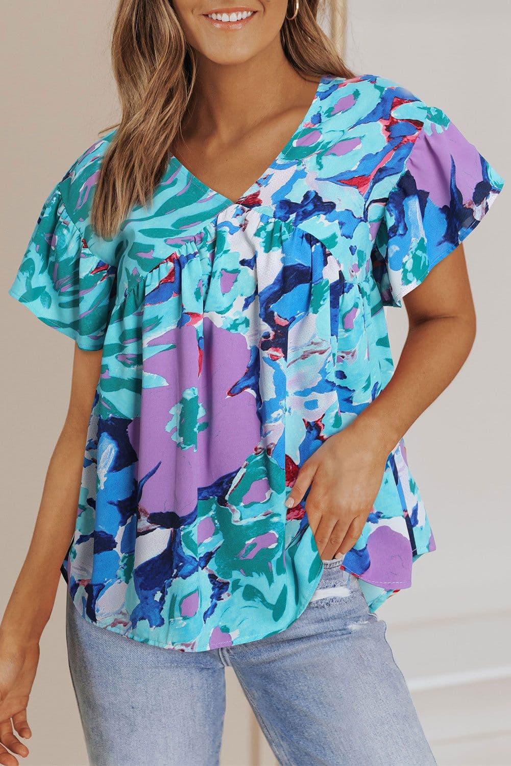image-Sky Blue Abstract Print V Neck Flutter Sleeve Blouse