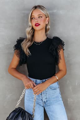 image-Black Dotty Mesh Ruffle Sleeve Ribbed Knit Top