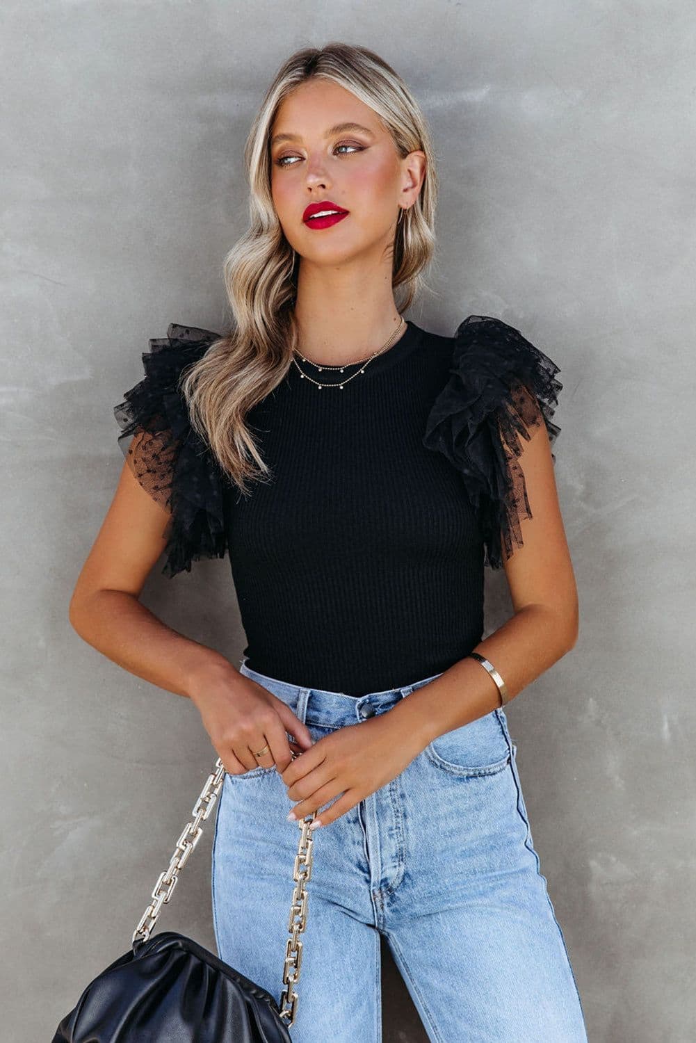 image-Black Dotty Mesh Ruffle Sleeve Ribbed Knit Top