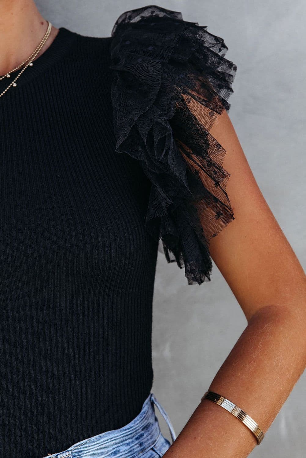 image-Black Dotty Mesh Ruffle Sleeve Ribbed Knit Top