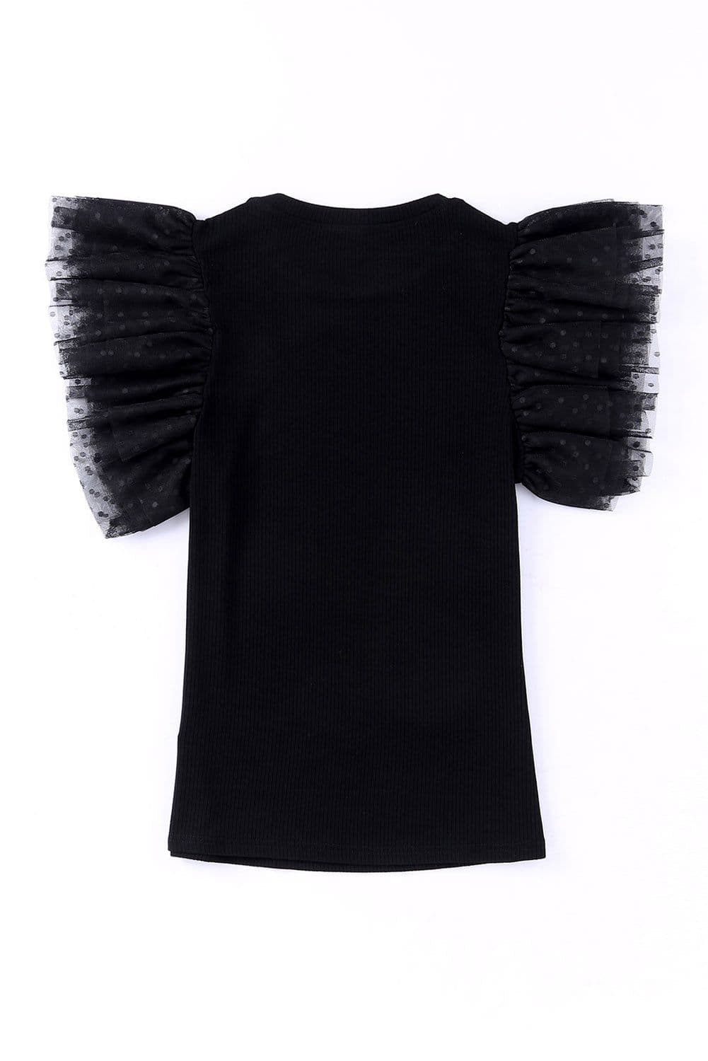image-Black Dotty Mesh Ruffle Sleeve Ribbed Knit Top
