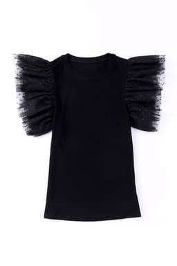 image-Black Dotty Mesh Ruffle Sleeve Ribbed Knit Top