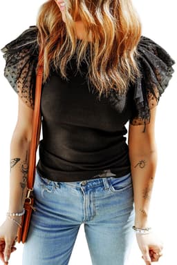 image-Black Dotty Mesh Ruffle Sleeve Ribbed Knit Top