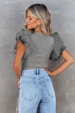 image-Black Dotty Mesh Ruffle Sleeve Ribbed Knit Top