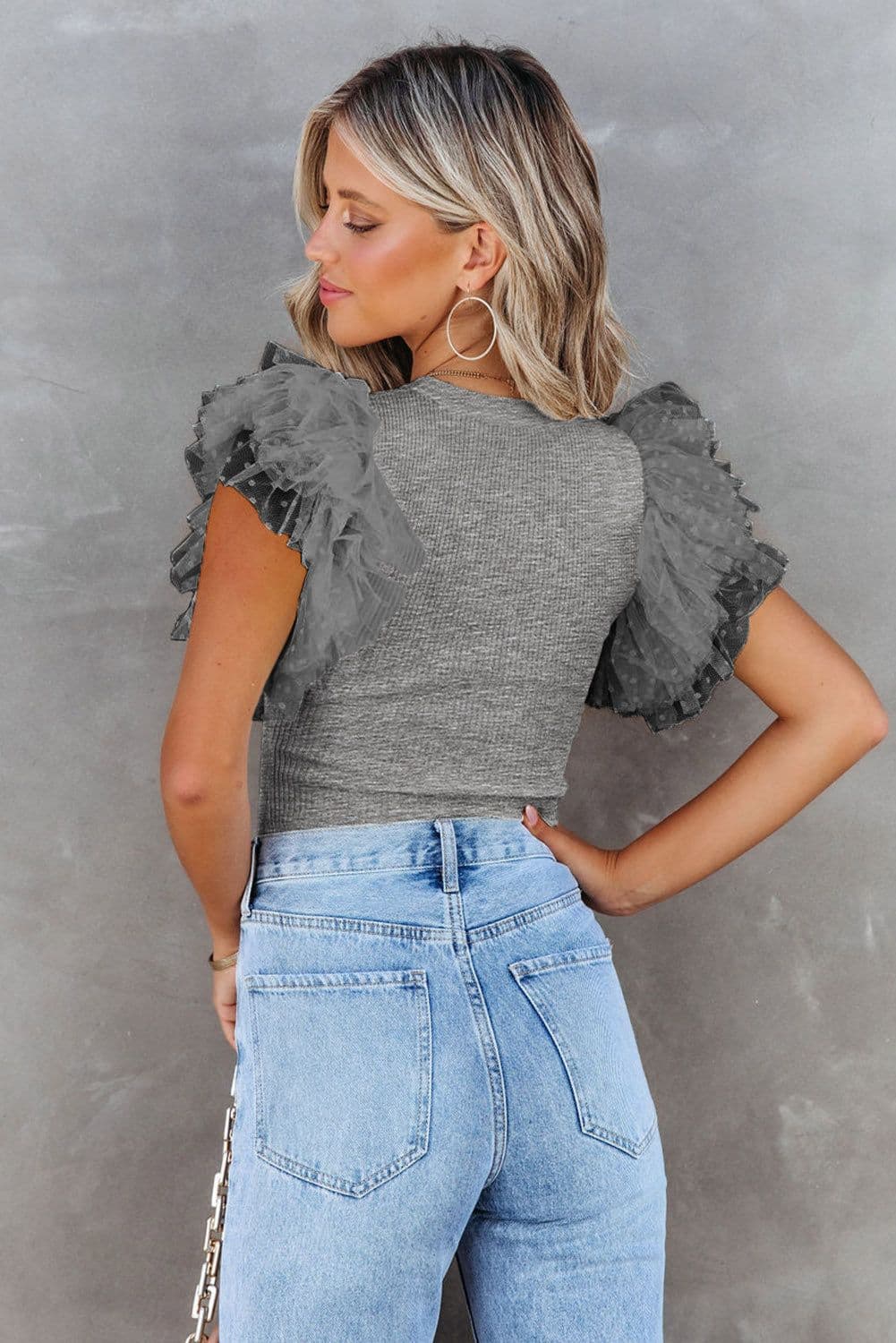 image-Black Dotty Mesh Ruffle Sleeve Ribbed Knit Top
