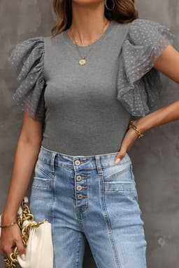 image-Black Dotty Mesh Ruffle Sleeve Ribbed Knit Top