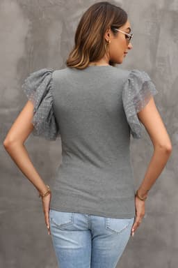 image-Black Dotty Mesh Ruffle Sleeve Ribbed Knit Top